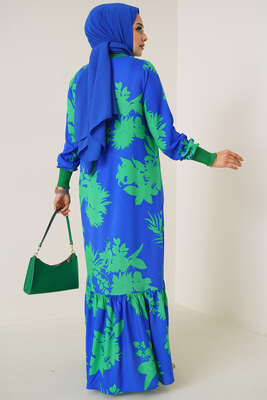 Farklı Desenli Elbise Saks Yeşil - Thumbnail