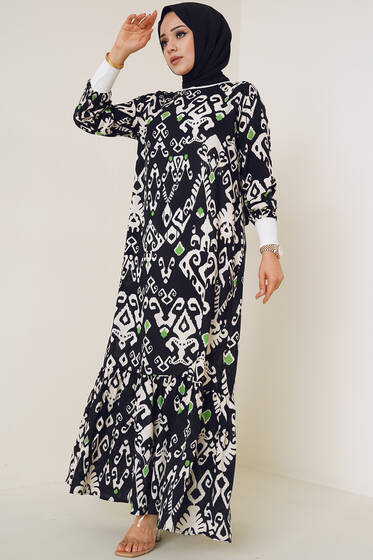 Farklı Desenli Elbise Siyah Bej - Tesettür Elbise