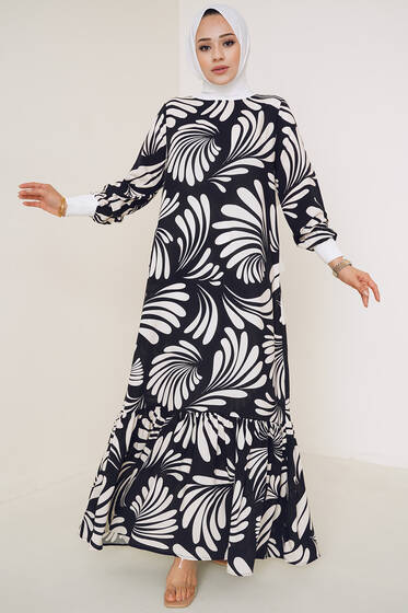 Farklı Desenli Elbise Siyah Ekru - Tesettür Elbise