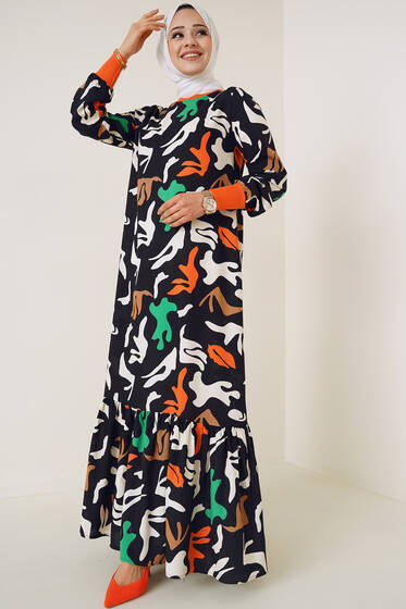 Farklı Desenli Elbise Siyah Oranj - Tesettür Elbise