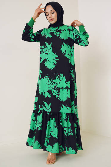 Farklı Desenli Elbise Yeşil Siyah - Tesettür Elbise