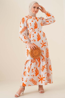 Farklı Desenli Oranj Keten Elbise - Thumbnail
