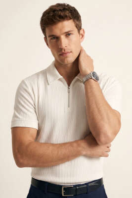 Feel Good Armalı Fermuarlı Erkek T-shirt Beyaz - DEEP POİNT