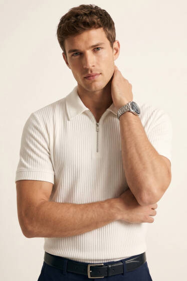 Feel Good Armalı Fermuarlı Erkek T-shirt Beyaz - Erkek T-shirt