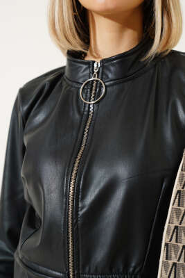 Fermualı Pensli Kısa Deri Ceket Siyah - Kadın Giyim Modelleri