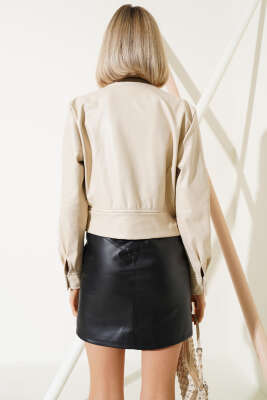 Fermualı Pensli Kısa Deri Ceket Taş - Kadın Giyim Modelleri