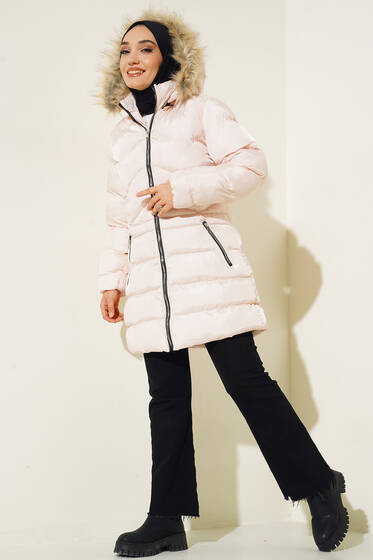 Fermuar Cepli Şişme Mont Bej - Mont