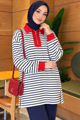 Fermuar Detaylı Çizgili Tunik Lacivert - NEVA MODA
