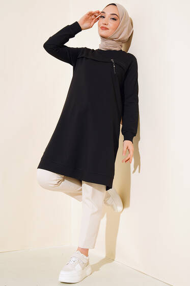 Fermuar Detaylı Tunik Siyah - Tunik