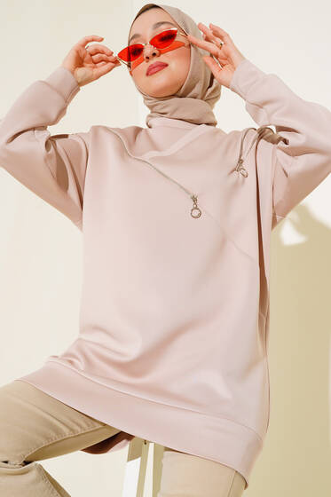 Fermuar Detaylı Oversize Tunik Bej - Tunik