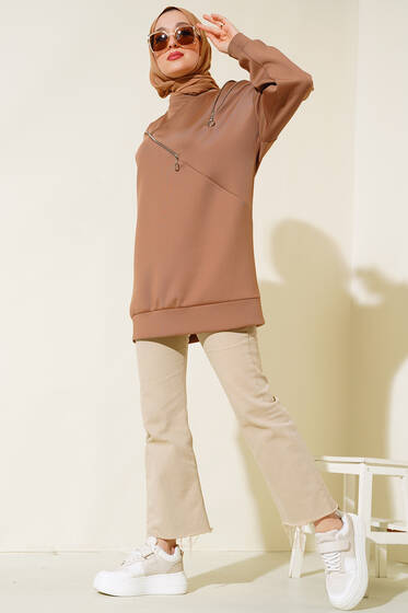 Fermuar Detaylı Oversize Tunik Camel - Tunik
