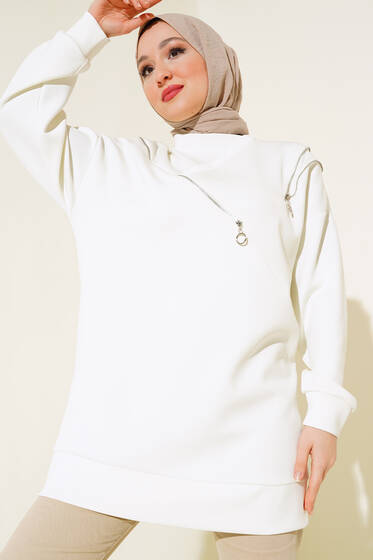 Fermuar Detaylı Oversize Tunik Ekru - Tunik