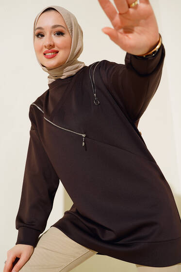 Fermuar Detaylı Oversize Tunik Kahve - Tunik
