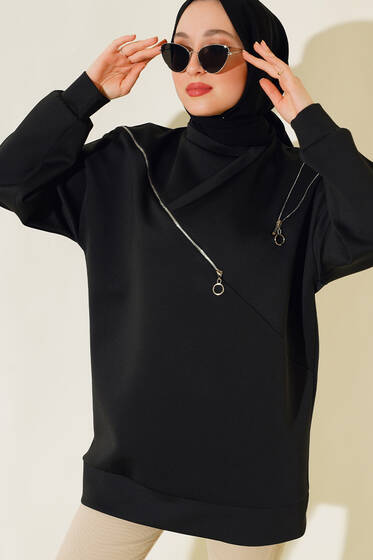 Fermuar Detaylı Oversize Tunik Siyah - Tunik