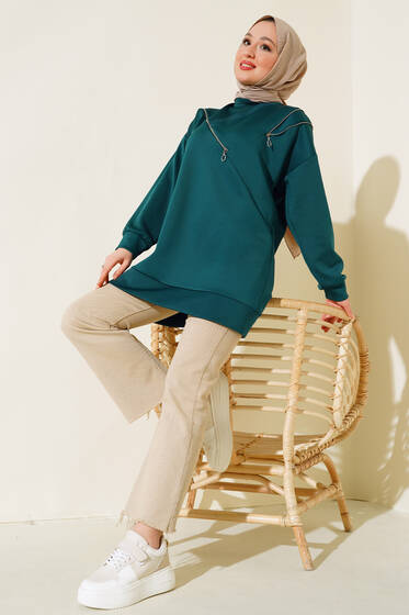 Fermuar Detaylı Oversize Tunik Zümrüt Yeşili - Tunik