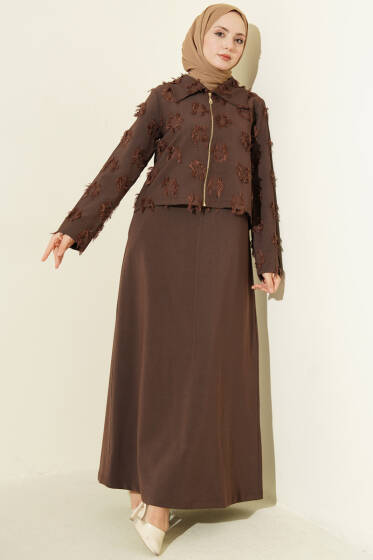 Fermuar Detaylı Püsküllü Jile Takım Kahve - Elbise