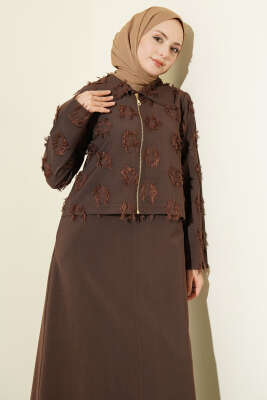 Fermuar Detaylı Püsküllü Jile Takım Kahve - Elbise