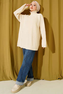 Fermuar Detaylı Triko Tunik Bej - Tunik