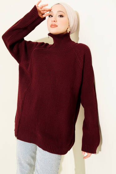 Fermuar Detaylı Triko Tunik Bordo - Tunik