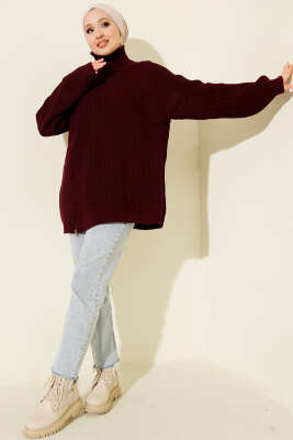 Fermuar Detaylı Triko Tunik Bordo - Tunik