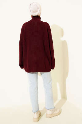 Fermuar Detaylı Triko Tunik Bordo - Tunik