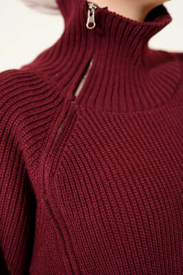 Fermuar Detaylı Triko Tunik Bordo - Tunik