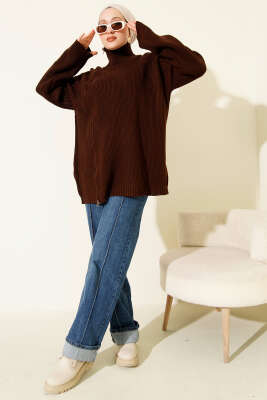 Fermuar Detaylı Triko Tunik Kahve - Tunik