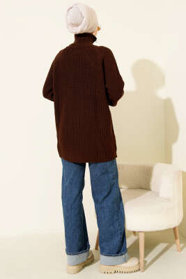 Fermuar Detaylı Triko Tunik Kahve - Tunik