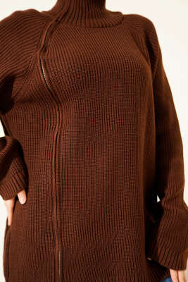 Fermuar Detaylı Triko Tunik Kahve - Tunik