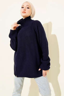 Fermuar Detaylı Triko Tunik Lacivert - HELLIE