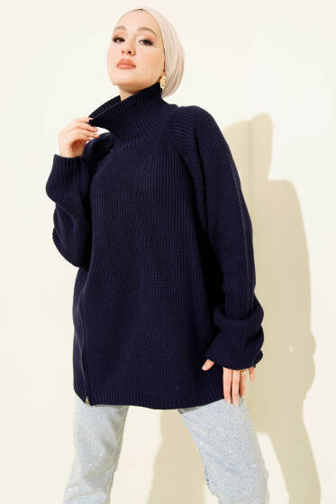 Fermuar Detaylı Triko Tunik Lacivert - Tunik
