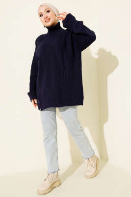 Fermuar Detaylı Triko Tunik Lacivert - Tunik