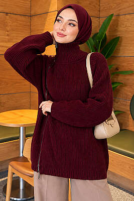 Fermuar Detaylı Triko Tunik Mürdüm - HELLIE
