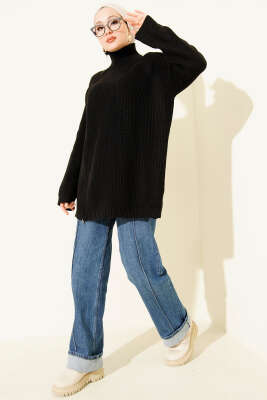 Fermuar Detaylı Triko Tunik Siyah - Tunik