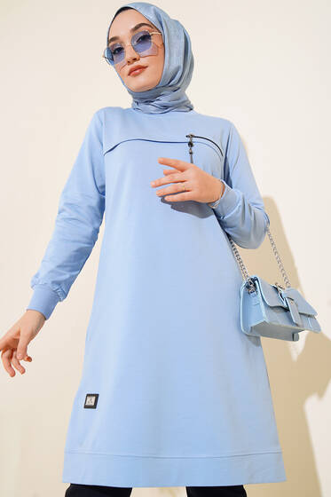 Fermuar Detaylı Tunik Buz Mavisi - Tunik