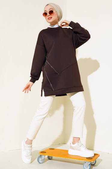 Fermuar Detaylı Tunik Kahve - Tunik
