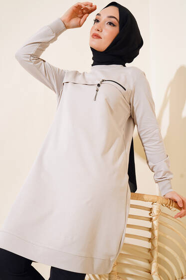 Fermuar Detaylı Tunik Taş - Tunik