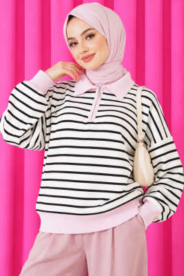 Fermuar Yaka Çizgili Triko Tunik Pembe - LUSTRİN