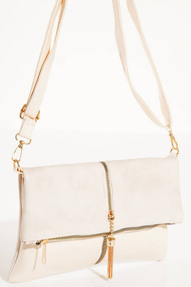 Fermuarı Püsküllü Omuz Çantası Bej - Kol Çantası