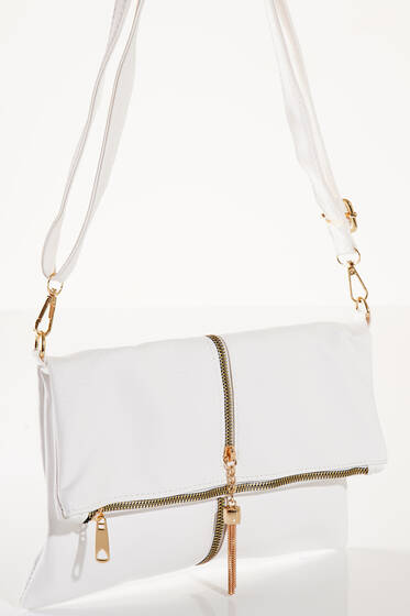 Fermuarı Püsküllü Omuz Çantası Beyaz - Kol Çantası