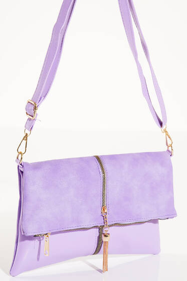 Fermuarı Püsküllü Omuz Çantası Lila - Kol Çantası