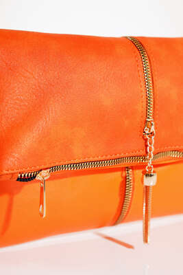 Fermuarı Püsküllü Omuz Çantası Oranj - Kol Çantası