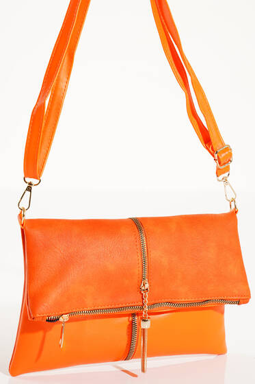Fermuarı Püsküllü Omuz Çantası Oranj - Kol Çantası