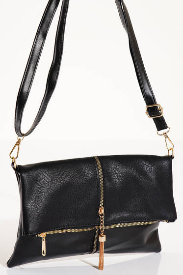 Fermuarı Püsküllü Omuz Çantası Siyah - Kol Çantası