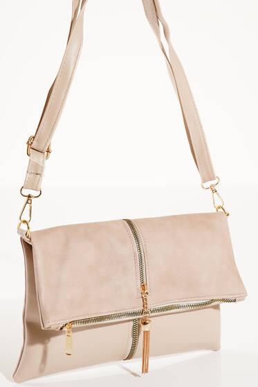 Fermuarı Püsküllü Omuz Çantası Vizon - Kol Çantası