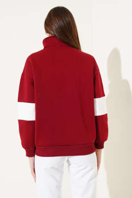 Fermuarlı 1994 Baskılı Üç İplik Swatshirt Bordo - Kadın Giyim Modelleri