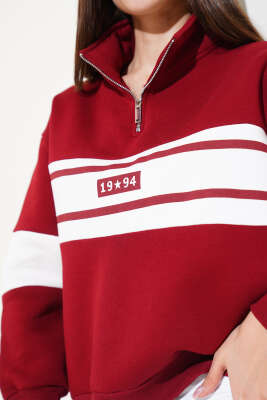 Fermuarlı 1994 Baskılı Üç İplik Swatshirt Bordo - Kadın Giyim Modelleri