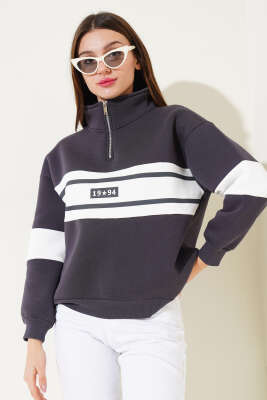 Fermuarlı 1994 Baskılı Üç İplik Swatshirt Füme - Kadın Giyim Modelleri
