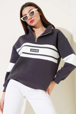 Fermuarlı 1994 Baskılı Üç İplik Swatshirt Füme 