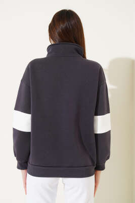 Fermuarlı 1994 Baskılı Üç İplik Swatshirt Füme - Kadın Giyim Modelleri